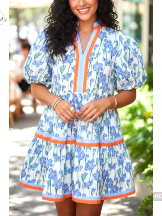 Puff Sleeve Floral Print Mini Dress with Pockets, Casual V-Neck Pull On - Picture 3 of 5